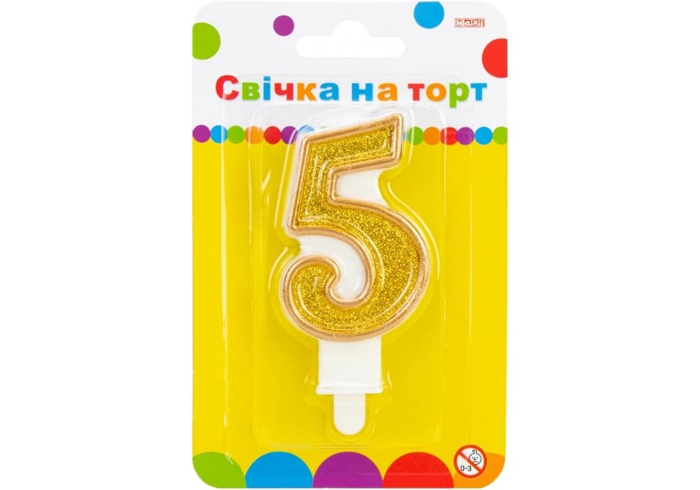 Свічка в торт Цифра-5 золотиста 7,62 см з блискітками (24) (288) MX622083-5