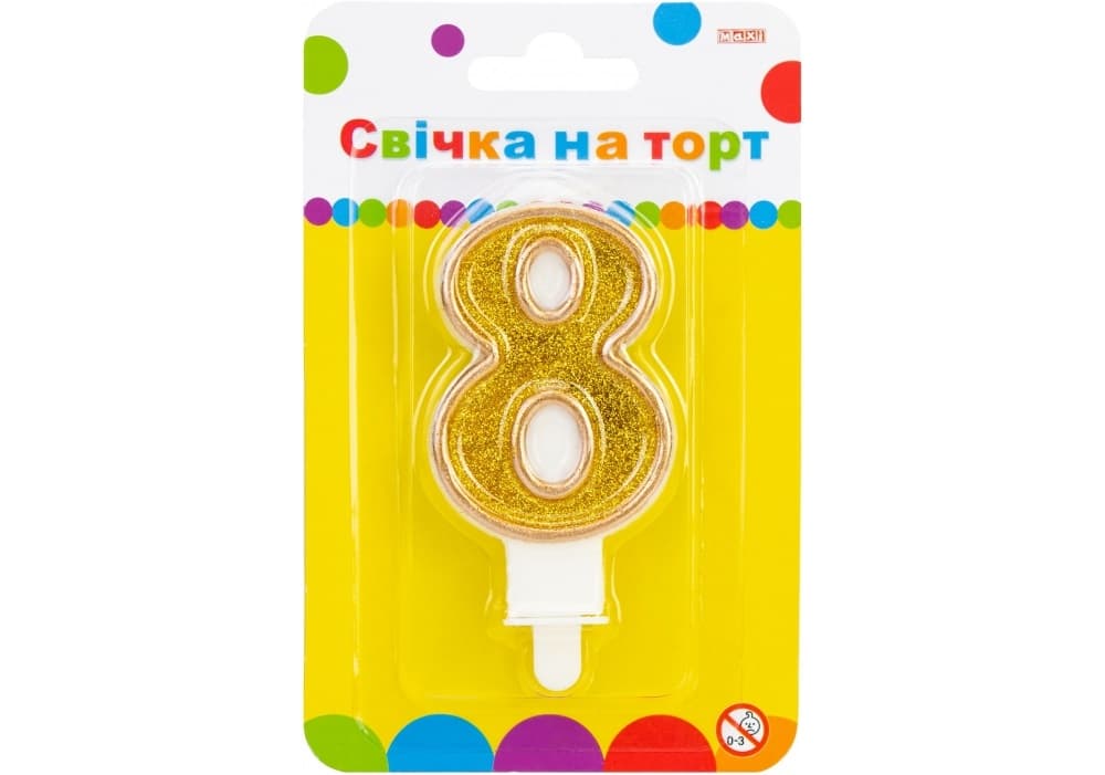 Свічка в торт Цифра-8 золотиста 7,62 см з блискітками (24) (288) MX622083-8