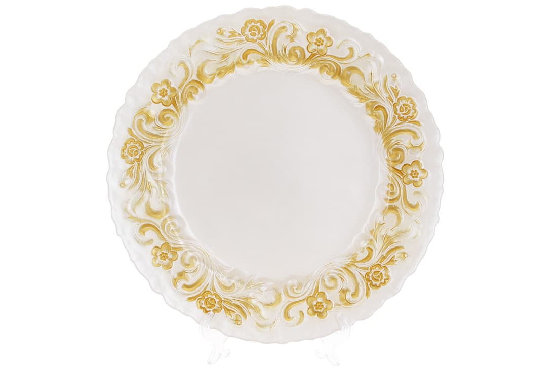  Тарілка скло сервірувальна 33 см, біла з золотим візерунковим кантом Bonadi (12) №587-044
