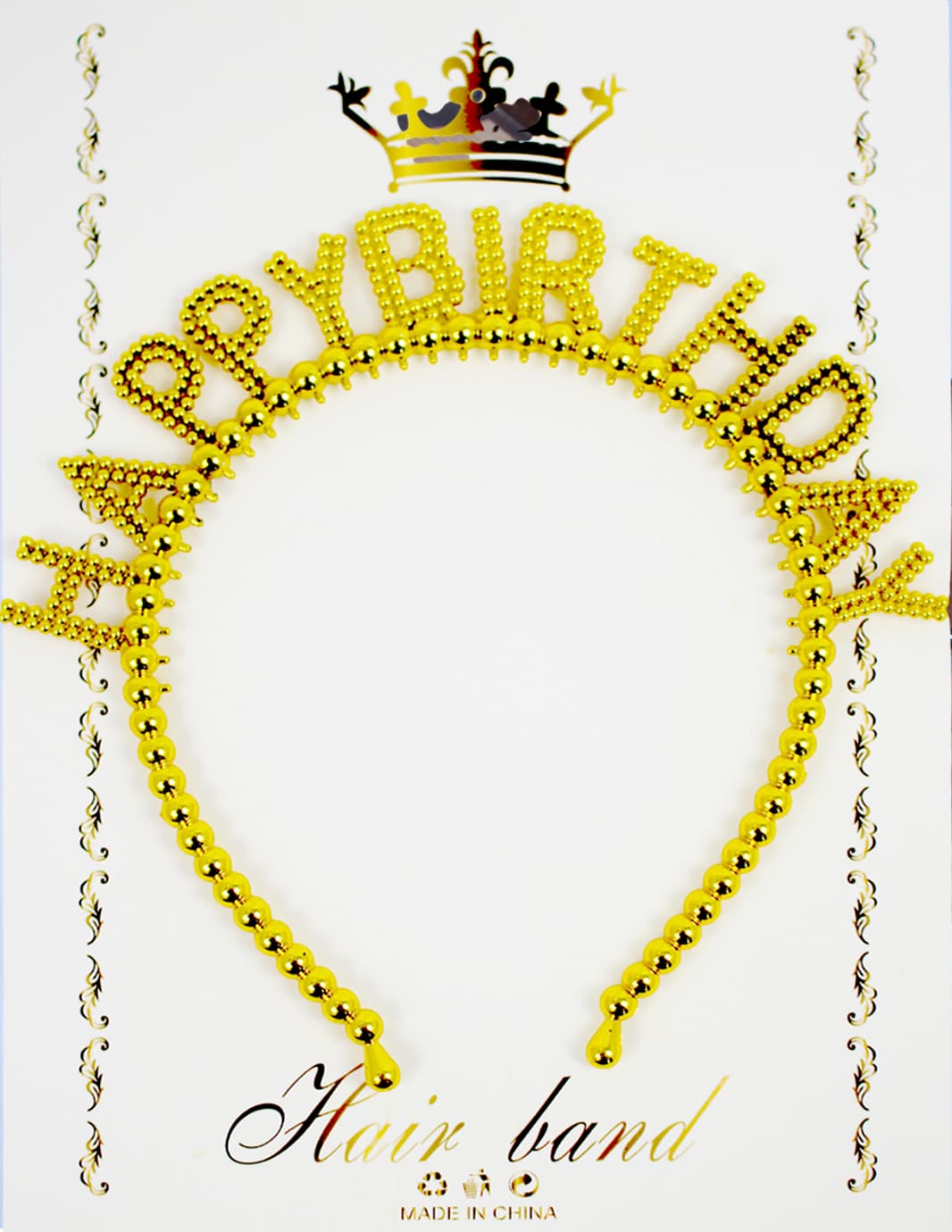 Обруч для волос "Happy birthday" бусинки золото №15113(20)