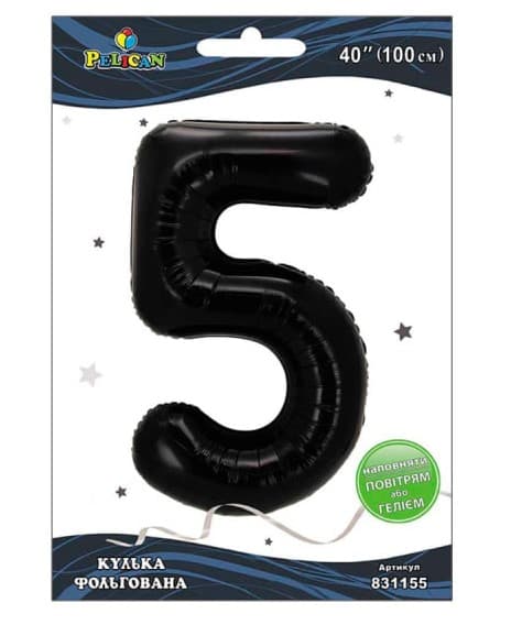 Кулька повітр. фольгована "Цифра 5" 100см чорна №831155/Pelican/(1)(5)(20)(500)