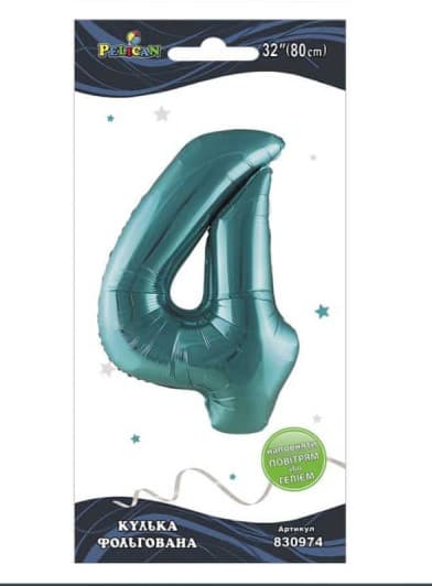 Кулька повітр. фольгована "Цифра 4" 80см тіффані №830974/Pelican/(1)(10)(5)(1000)