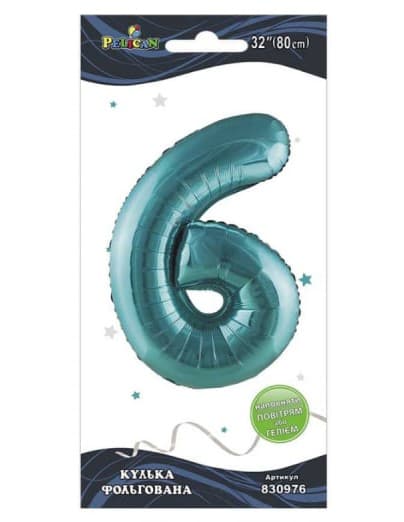Кулька повітр. фольгована "Цифра 6" 80см тіффані №830976/Pelican/(1)(10)(5)(1000)