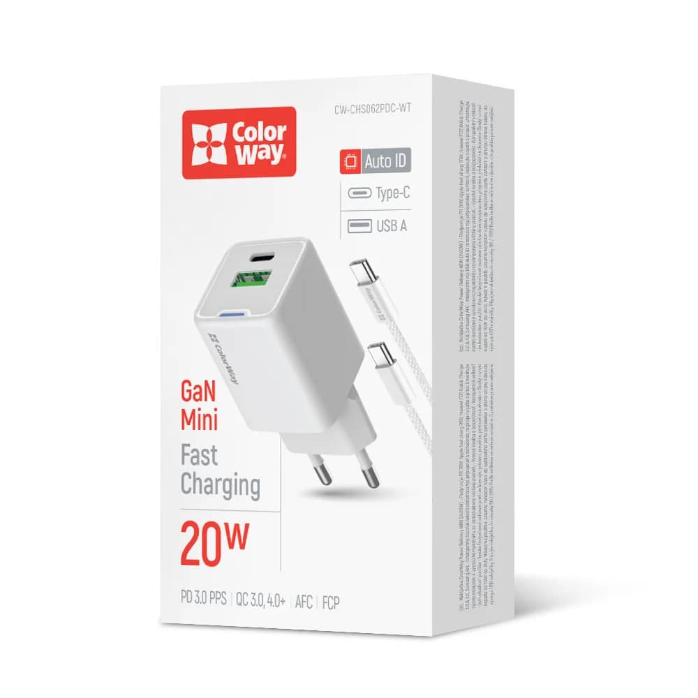 Зарядний пристрій ColorWay Gan Mini 20W PD Type-C + USB QC4.0