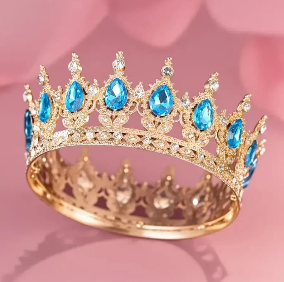 Корона метал. з піками,золото з блакитним камінням 12,5х5,5см