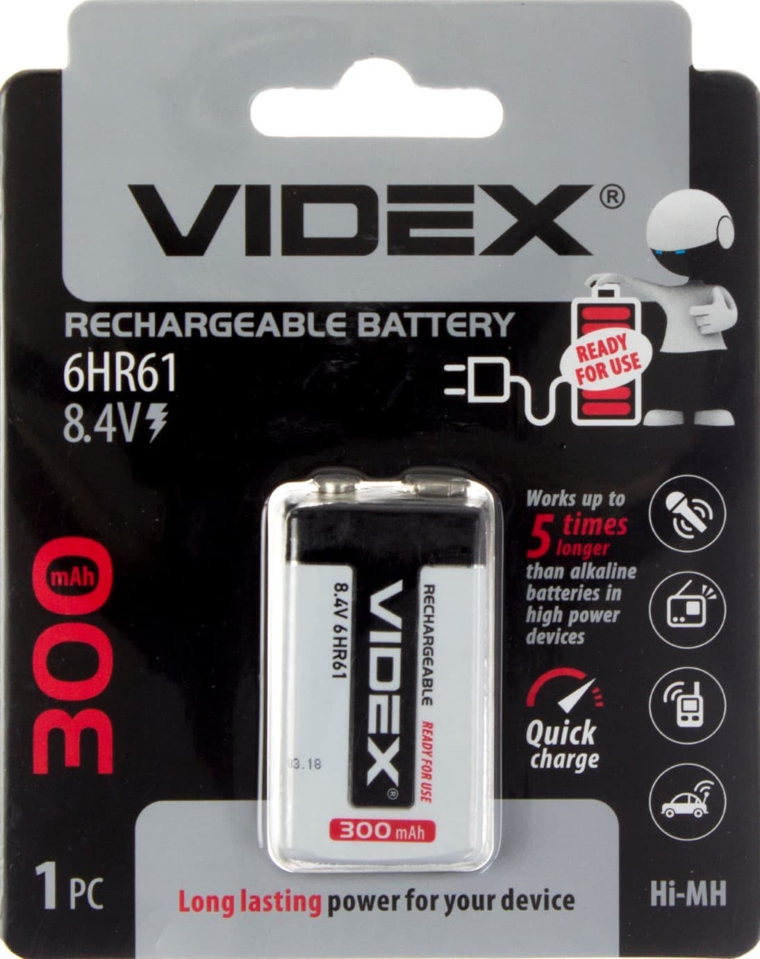Акумулятор Videx (6HR61, 300mAh) блістер 1шт