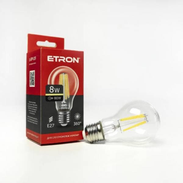 Лампа "Etron Filament Power" прозоре скло LED 1-EFP-109 A60 8Вт 3000K Е27(10)